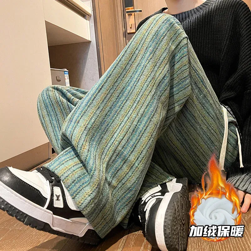 Aidase Wool Men's Pants Autumn and Winter Thickened High Waisted Small Leg Pants Casual Business Striped Contrast Wool Pants Warm