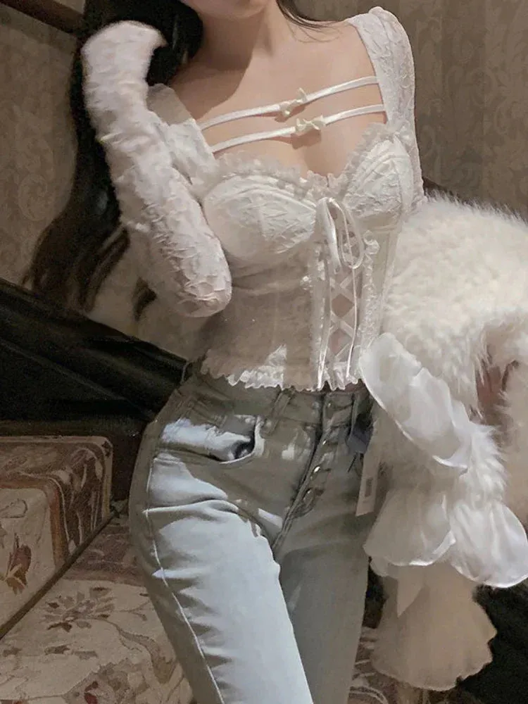 Aiertu 2024 Spring Sexy Bodycon White Blouse Women Slim Korean Fashion Y2k Crop Tops Basic Casual Vintage Lace Pullover Long Sleeve