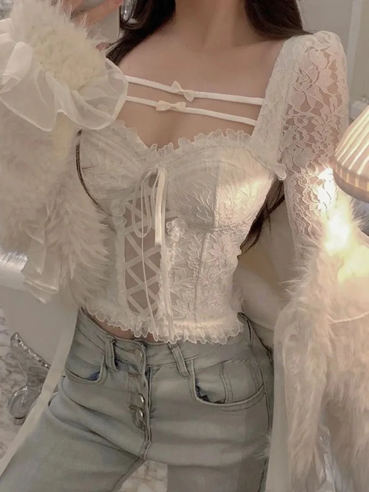 Aiertu 2024 Spring Sexy Bodycon White Blouse Women Slim Korean Fashion Y2k Crop Tops Basic Casual Vintage Lace Pullover Long Sleeve