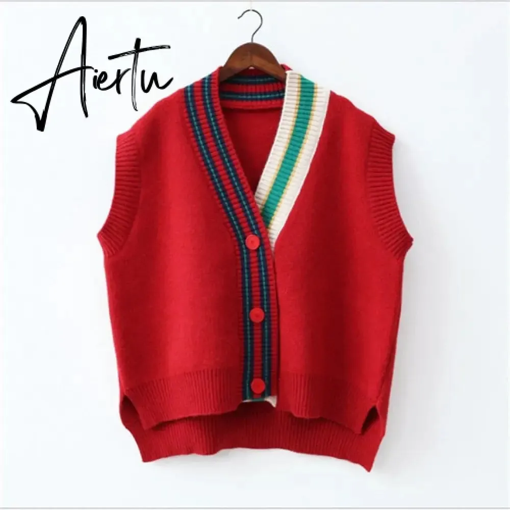 Aiertu  Female Fashion Loose Vest V-neck Button Sweater Open Stitch Casual Striped Cardigan