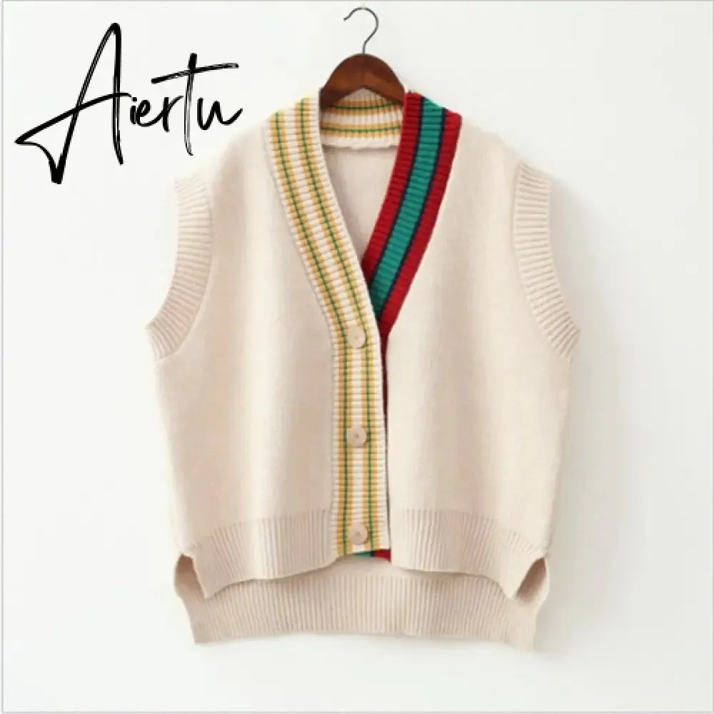 Aiertu  Female Fashion Loose Vest V-neck Button Sweater Open Stitch Casual Striped Cardigan