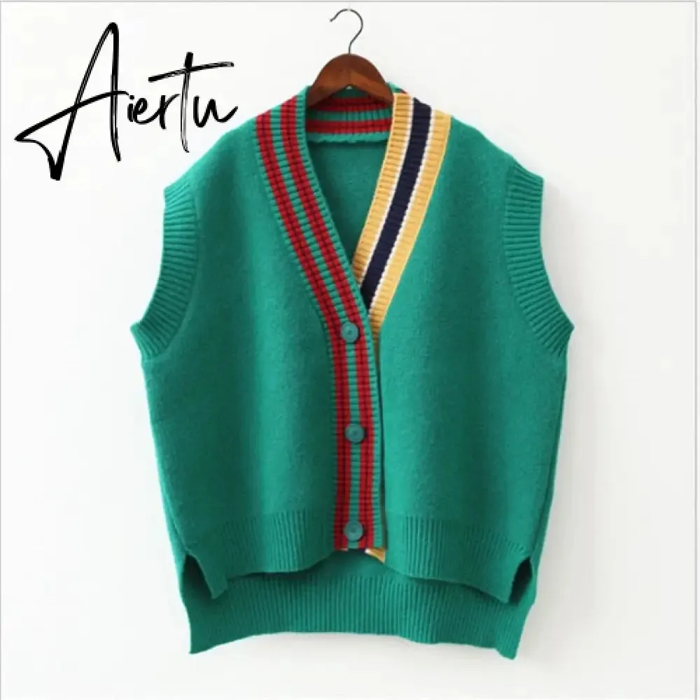 Aiertu  Female Fashion Loose Vest V-neck Button Sweater Open Stitch Casual Striped Cardigan