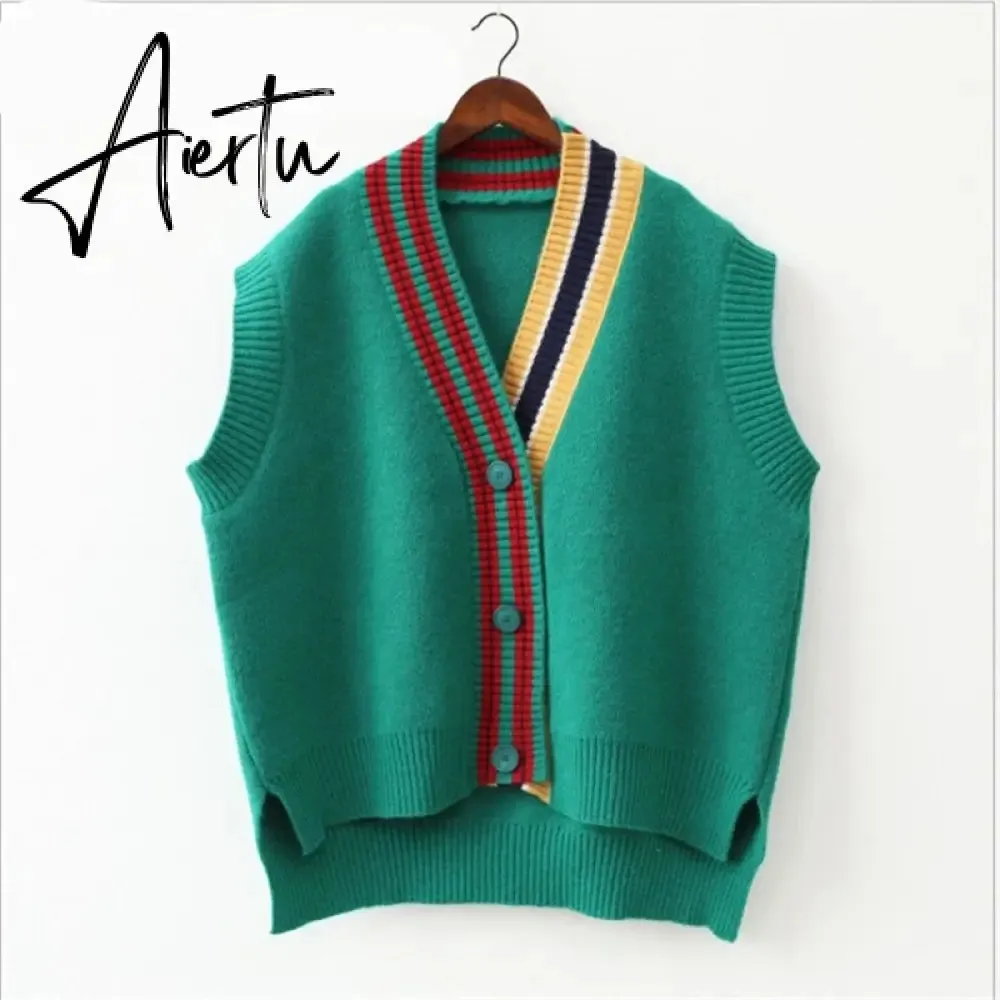Aiertu  Female Fashion Loose Vest V-neck Button Sweater Open Stitch Casual Striped Cardigan