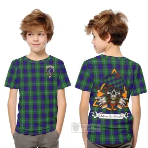 Alexander Tartan Kid T-Shirt with Family Crest and Bearded Skull Holding Bottles of Whiskey