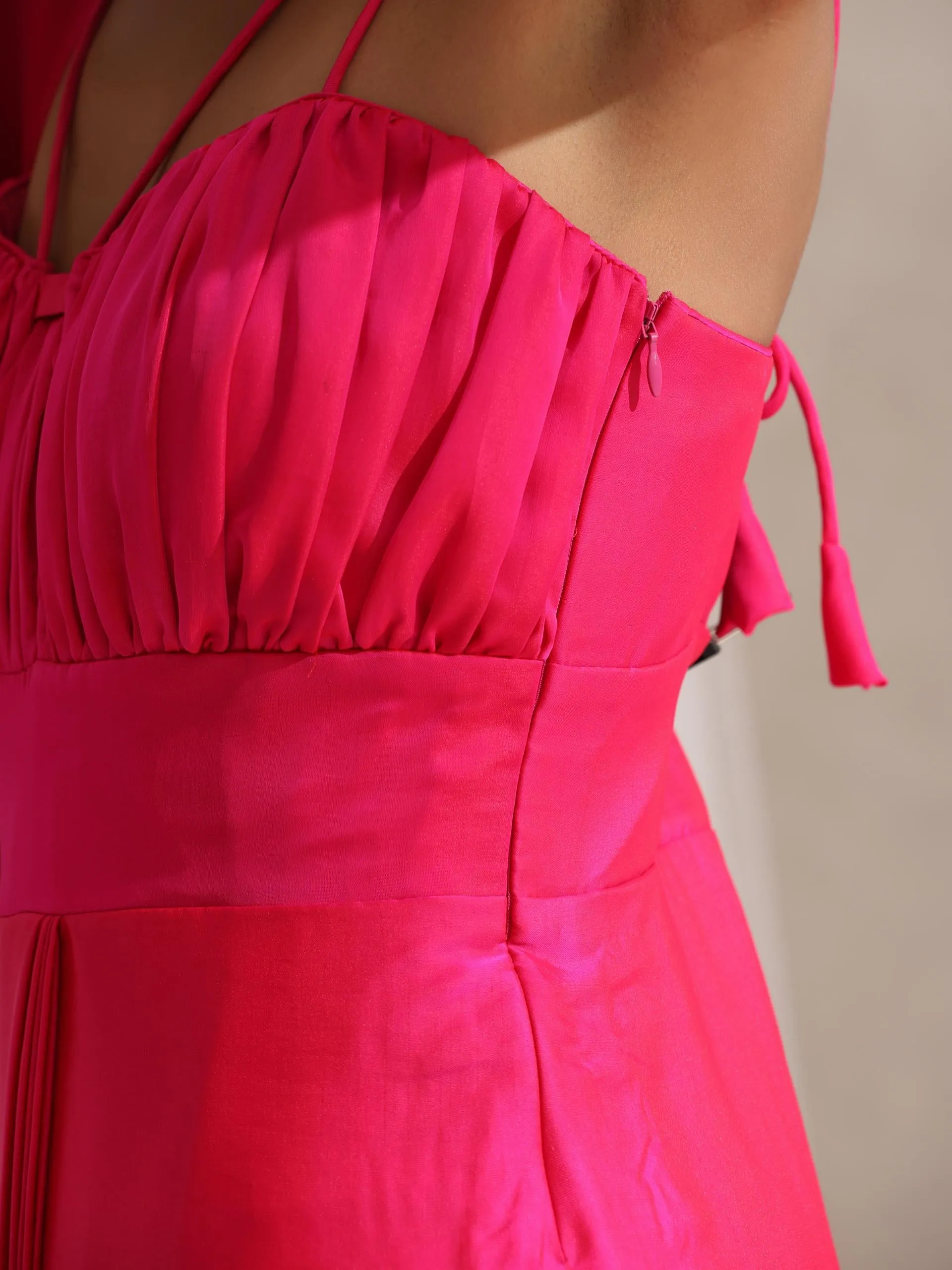 All is Well - 1 Pc Dress Saree with Adjustable Straps in Fuschia Satin