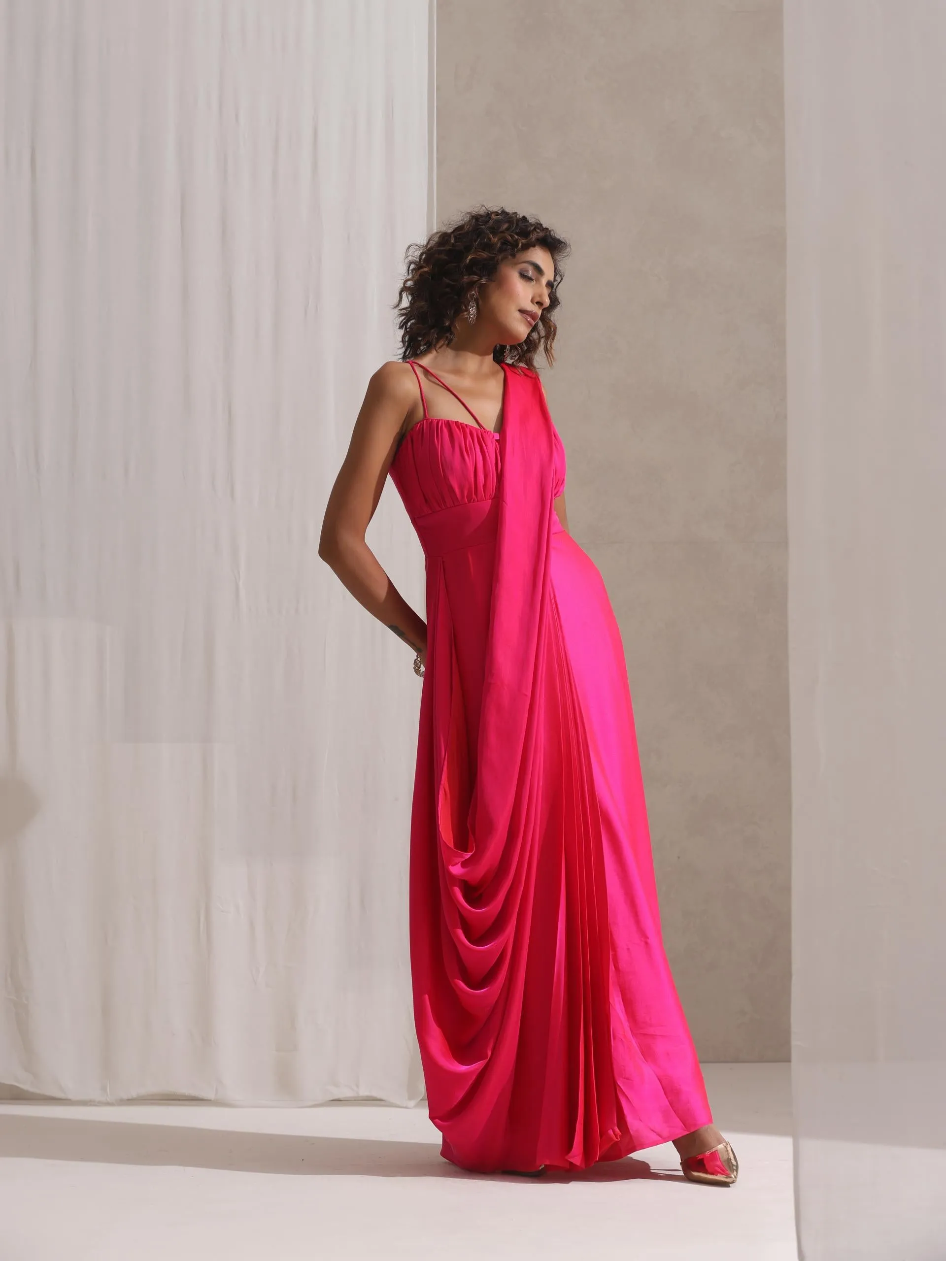 All is Well - 1 Pc Dress Saree with Adjustable Straps in Fuschia Satin