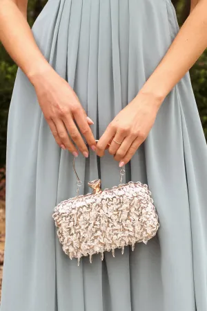 Alma Clutch Bag In Silver Sequin And Diamante