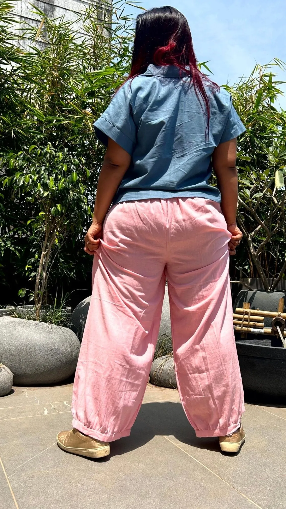 Amani Cowl Handloom Cotton Pants With Elastic- Peach