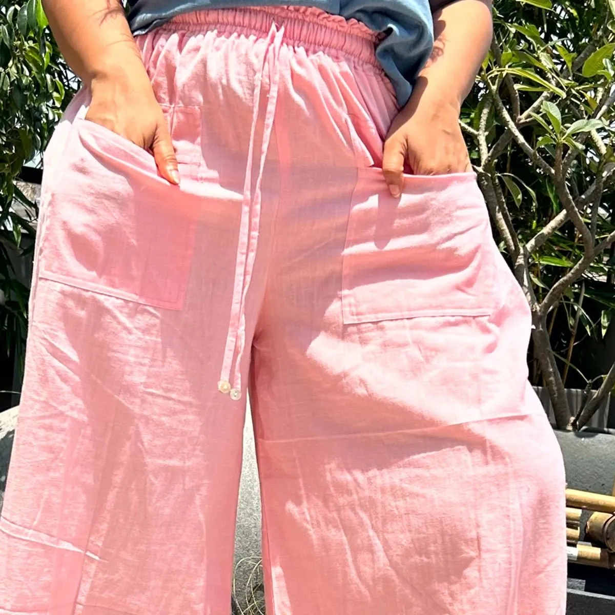Amani Cowl Handloom Cotton Pants With Elastic- Peach