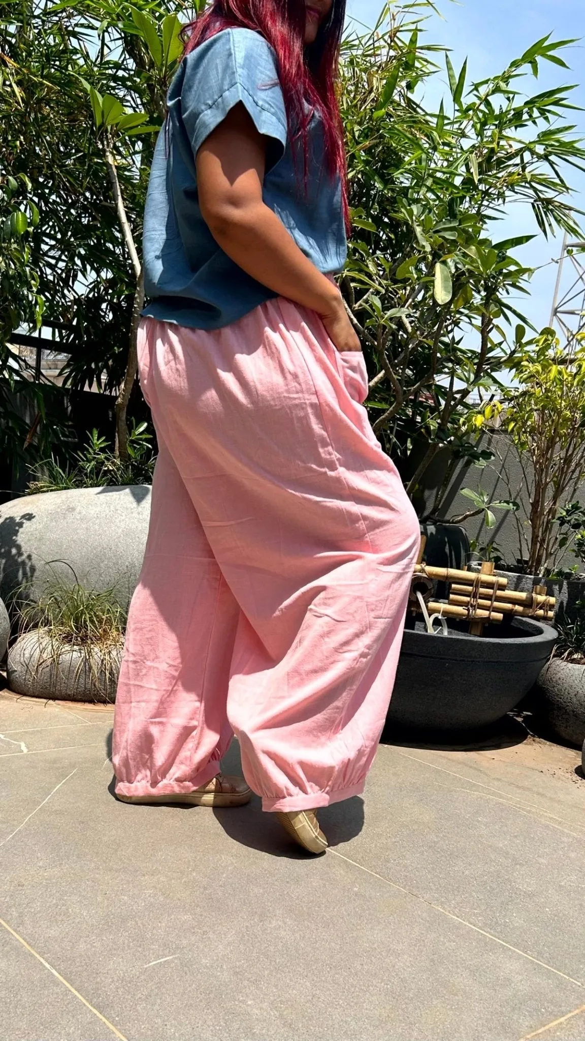 Amani Cowl Handloom Cotton Pants With Elastic- Peach