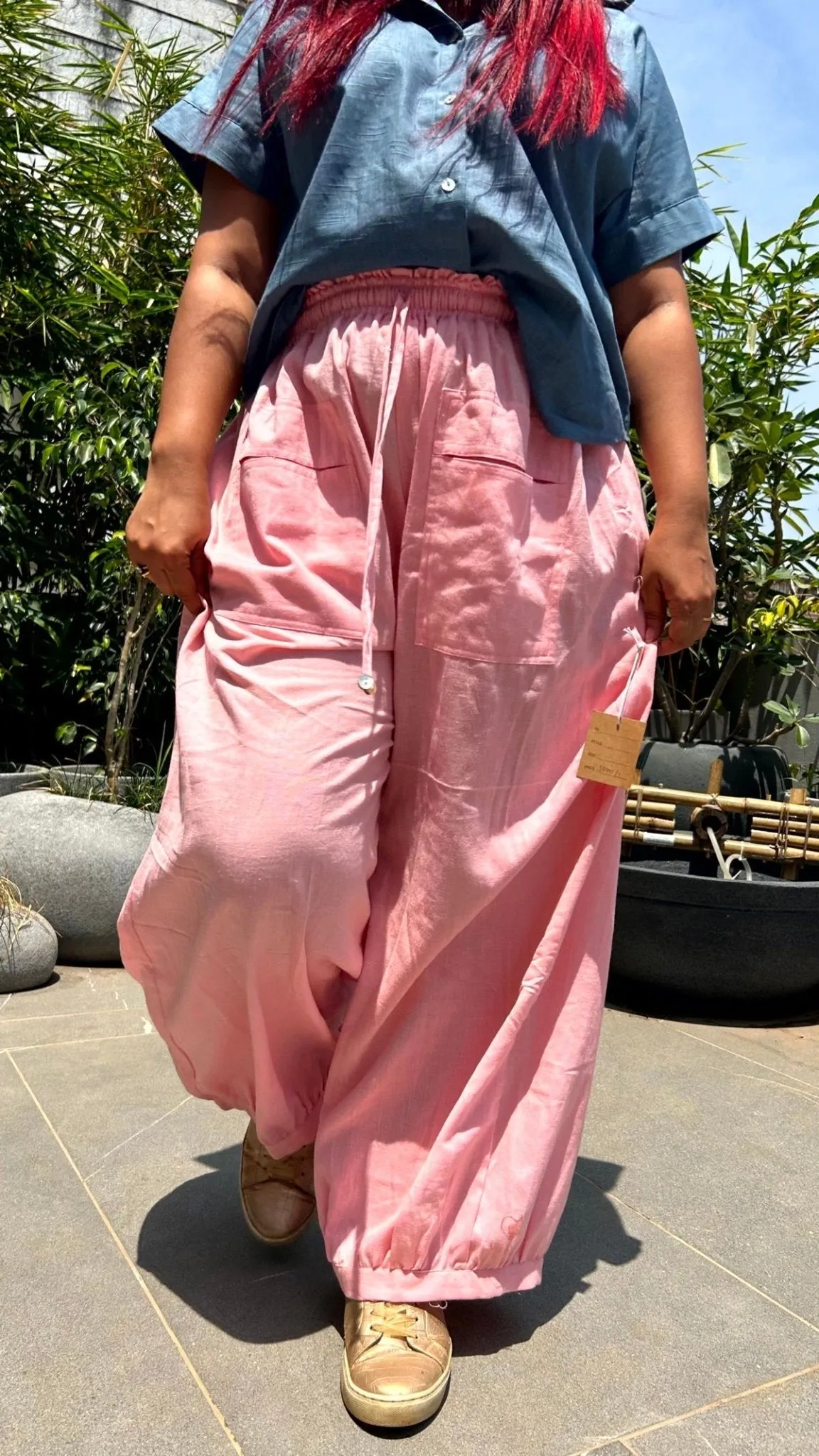 Amani Cowl Handloom Cotton Pants With Elastic- Peach