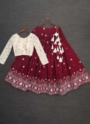 Amazing Look Cotton Material Lucknowi Work Maroon Color Lehenga Choli