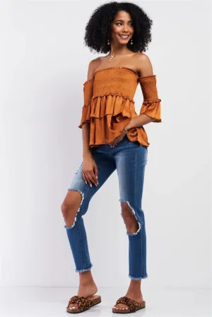 Amber Satin Off-The-Shoulder Midi Sleeve Layered Flare Hem Crumpled Effect Smoked Top /1-2-1
