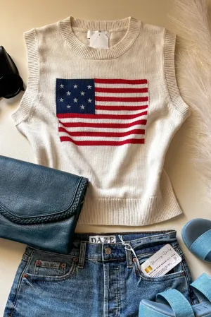 American Flag 90's Sweater Vest Tank Top | Ivory