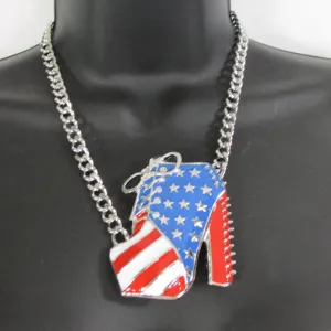 American USA Flag Patriotic Large Bootie Charm Short Necklace