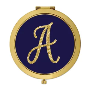Andaz Press Navy Blue with Faux Gold Glitter Monogram Gold Compact Mirror