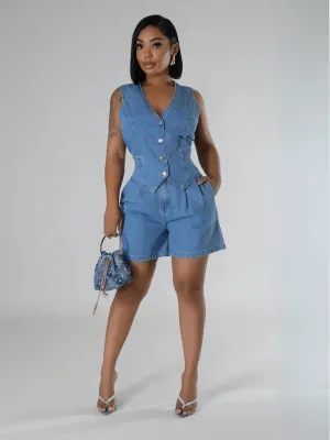 Andi Tuxedo Denim Vest Shorts Matching Set