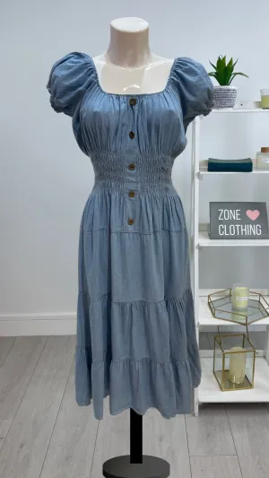 Angel - Light Denim Chambray Button Midi Dress