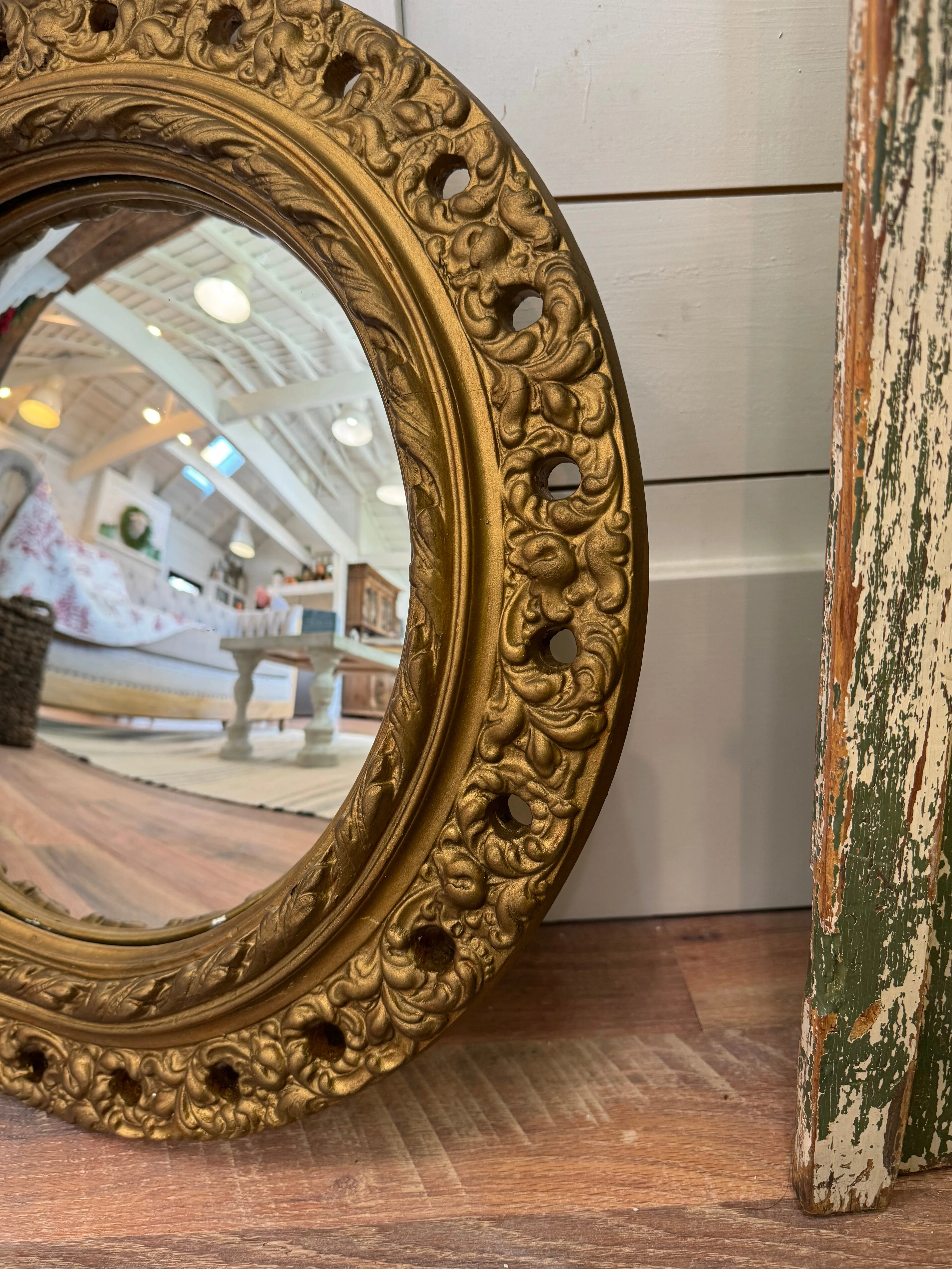 Antique English Gold Plaster Mirror with Original Domed Mirror 18” across