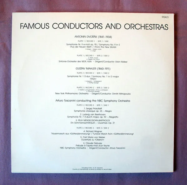 Antonín Dvořák, Erich Kleiber, Gustav Mahler, Dimitri Mitropoulos, Arturo Toscanini, Sergei Prokofiev, Ludwig van Beethoven, Felix Mendelssohn-Bartholdy, Richard Wagner, Carl Maria von Weber, Claude Debussy - Famous Conductors And Orchestras (3xLP, Com