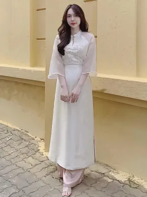 Ao Dai Vietnam Cream Hac Includes One Ao Dai Top And Skirt