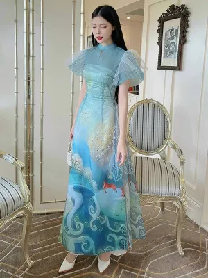 Ao Dai Vietnam Cyan Nightfalls Ruffle Sleeve Ao Dai Top And Pants