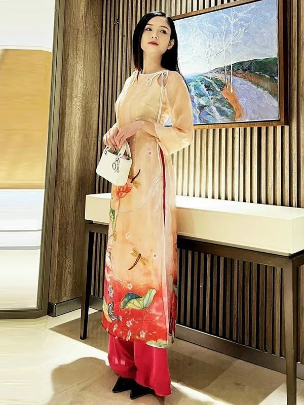 Ao Dai Vietnam Orange / Red Lotus Pond Chiffon Include Ao Dai Top And Pants