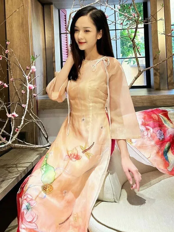 Ao Dai Vietnam Orange / Red Lotus Pond Chiffon Include Ao Dai Top And Pants