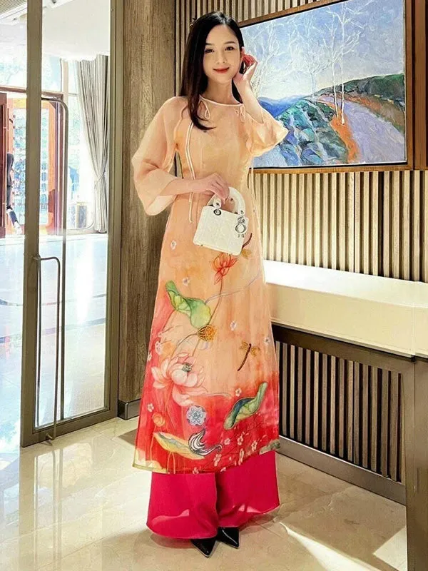 Ao Dai Vietnam Orange / Red Lotus Pond Chiffon Include Ao Dai Top And Pants