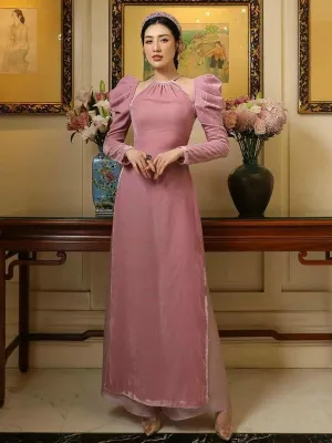 Ao Dai Vietnam Pink Puffy Sleeve Blush Velvet Ao Dai Top Only