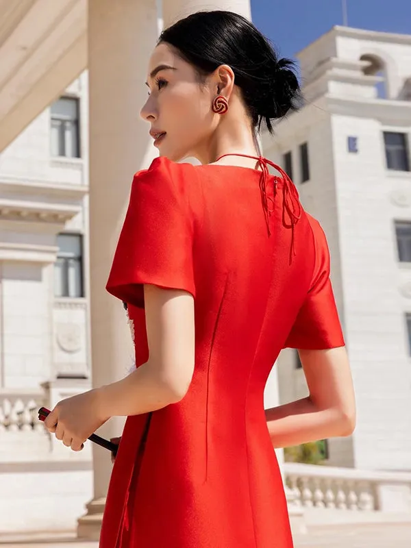 Ao Dai Vietnam Red Halter Top Sparkle Includes One Ao Dai Top And Pants