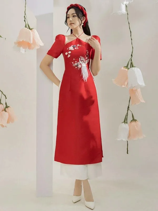 Ao Dai Vietnam Red Halter Top Sparkle Includes One Ao Dai Top And Pants
