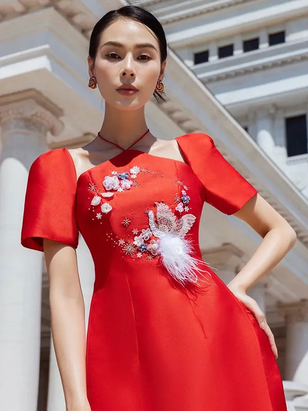 Ao Dai Vietnam Red Halter Top Sparkle Includes One Ao Dai Top And Pants