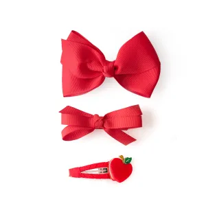 Apple & Fabric Bows Red Hair Clips