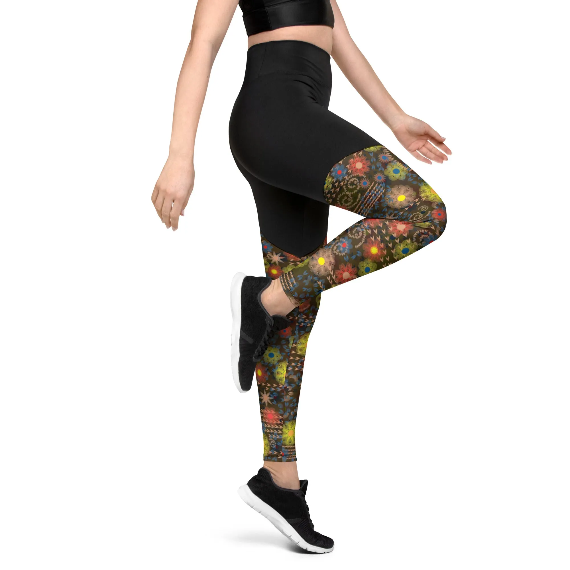 Arc Sereis- Black Floral Sports Leggings with a large back waist pocket for you cell phone