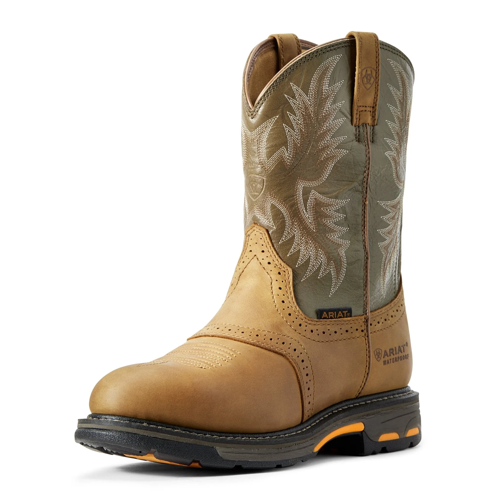 Ariat Men's Workhog Pull-on Waterproof Pro Work Boot, Aged Bark/Army Green