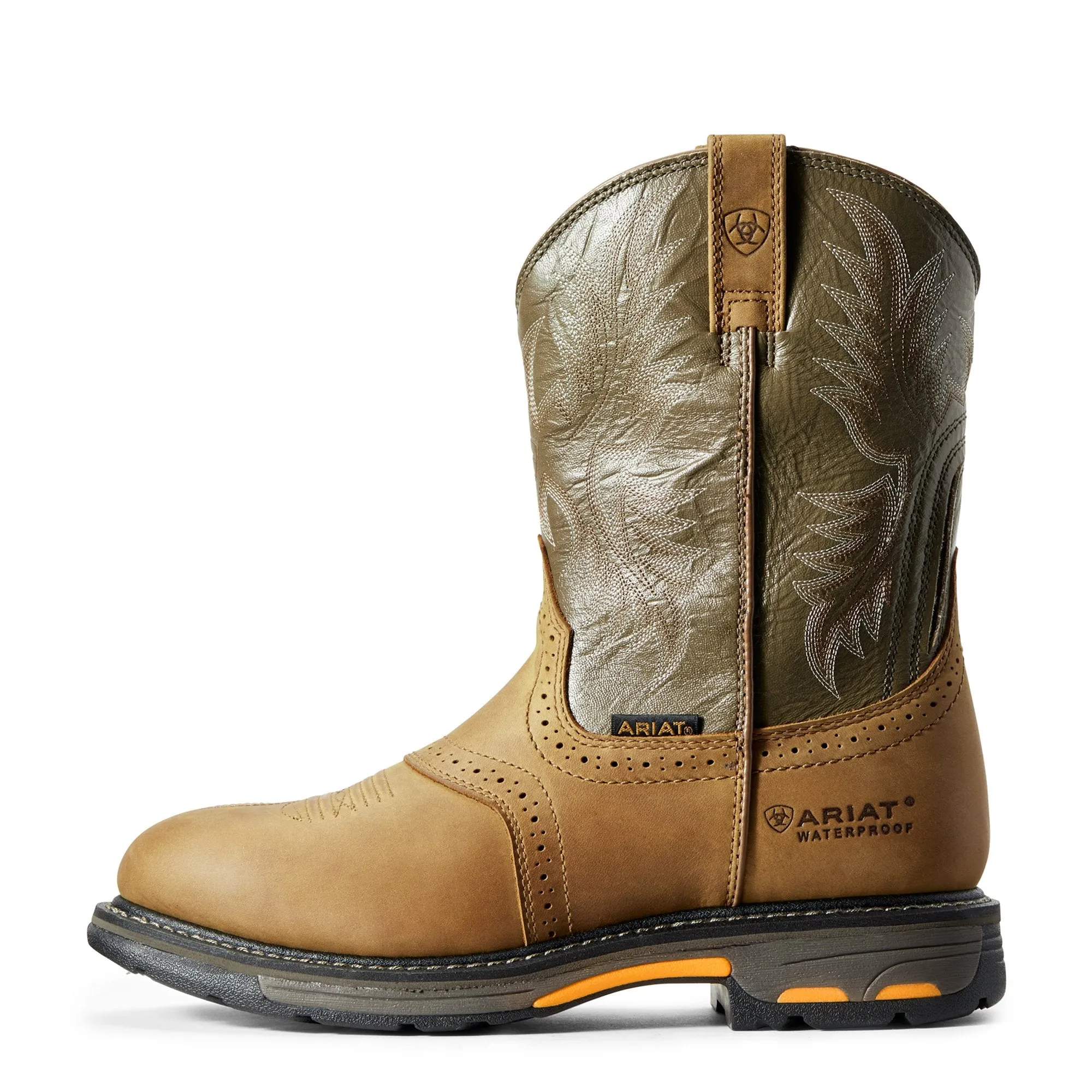Ariat Men's Workhog Pull-on Waterproof Pro Work Boot, Aged Bark/Army Green
