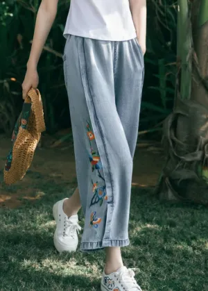 Art Blue Embroideried Pockets Patchwork Denim Wide Leg Pants