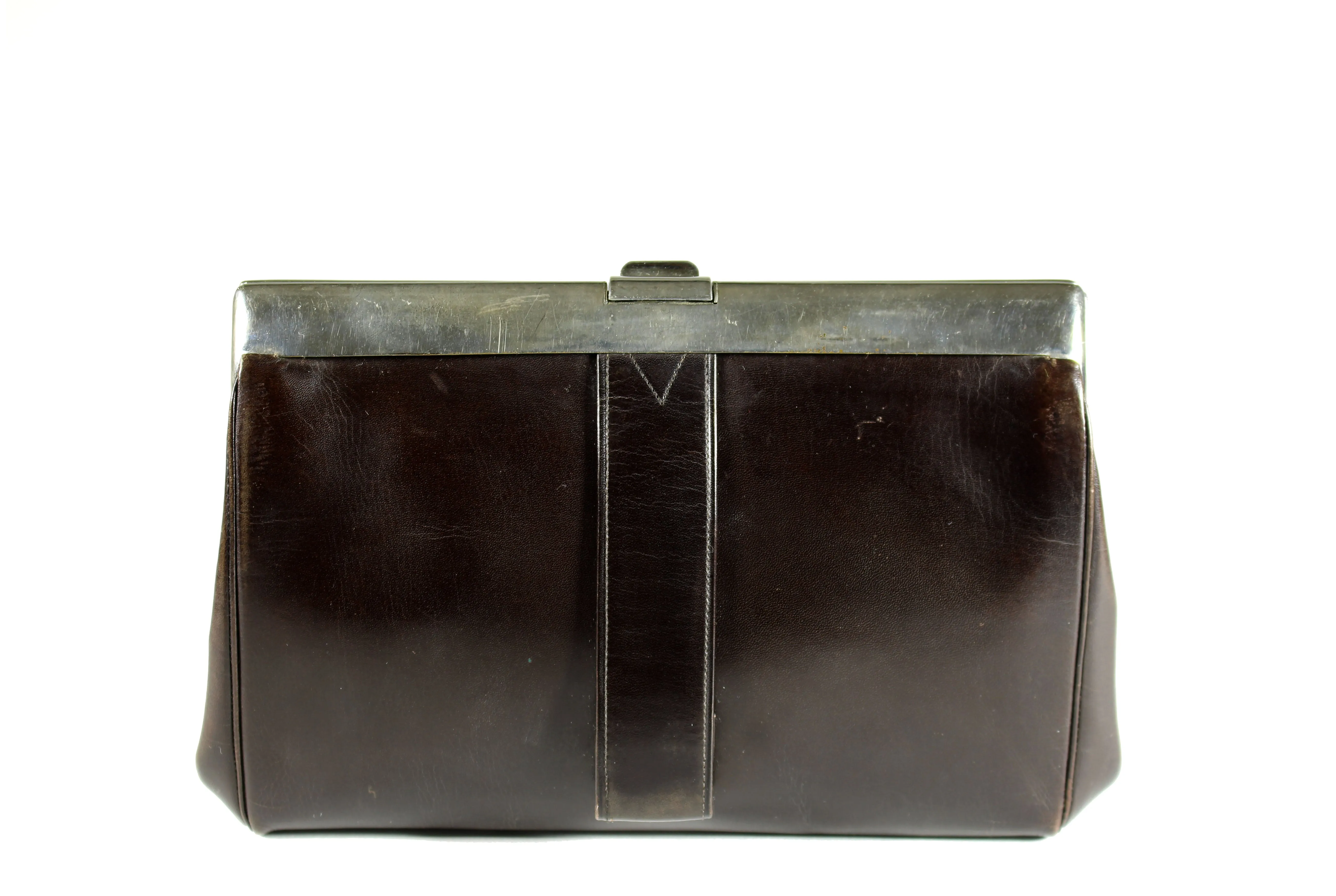 Art deco brown leather frame clutch