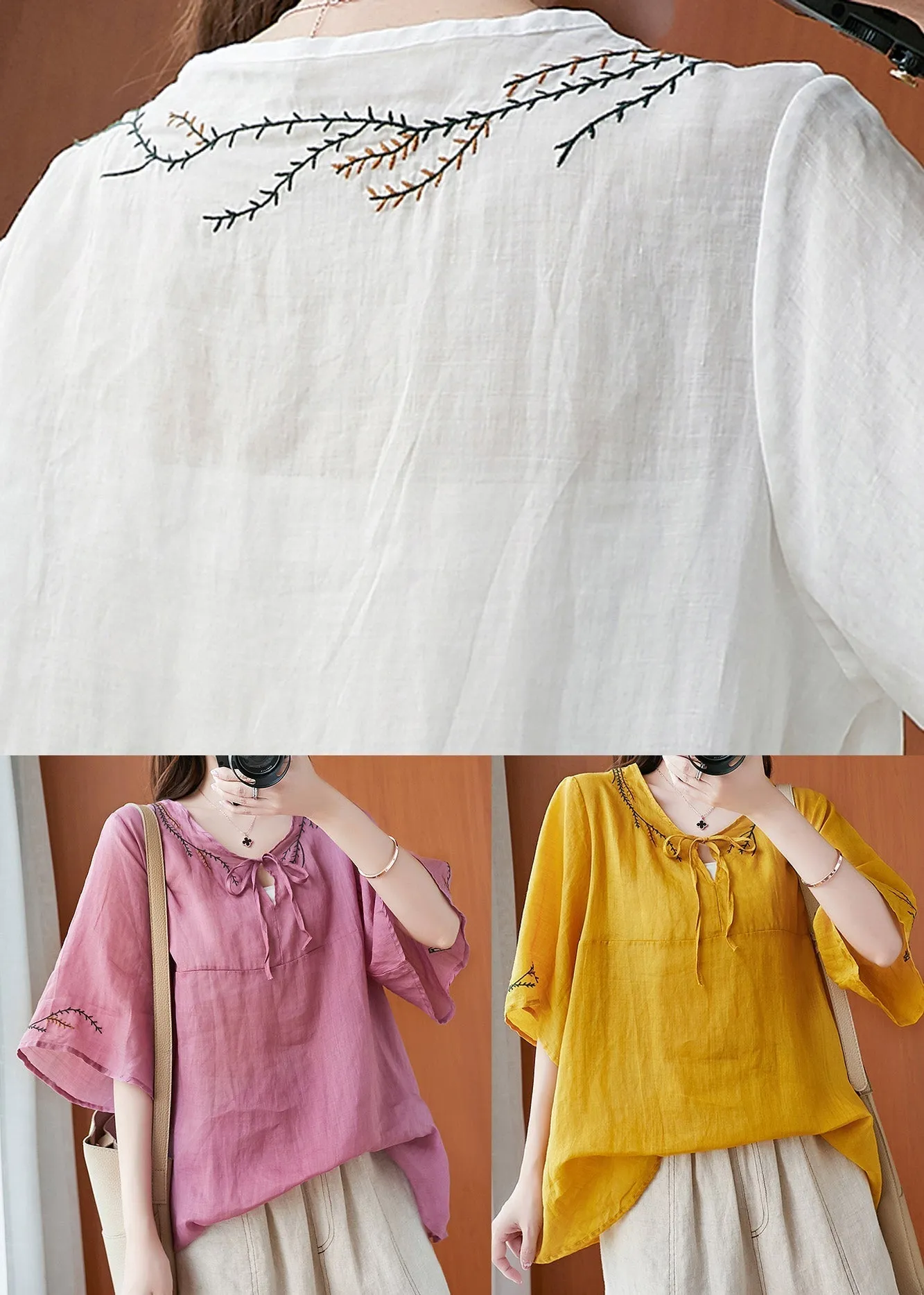 Art Pink Embroideried T Shirt Summer Half Sleeve LY6215