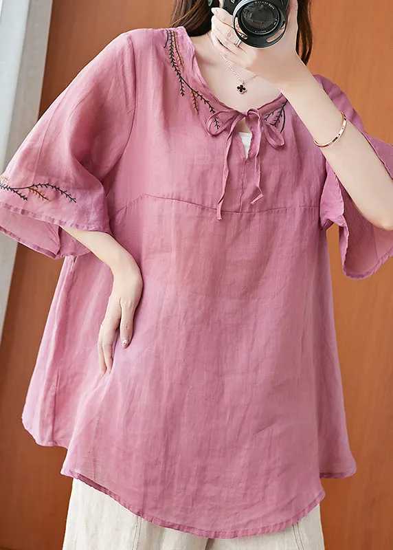 Art Pink Embroideried T Shirt Summer Half Sleeve LY6215