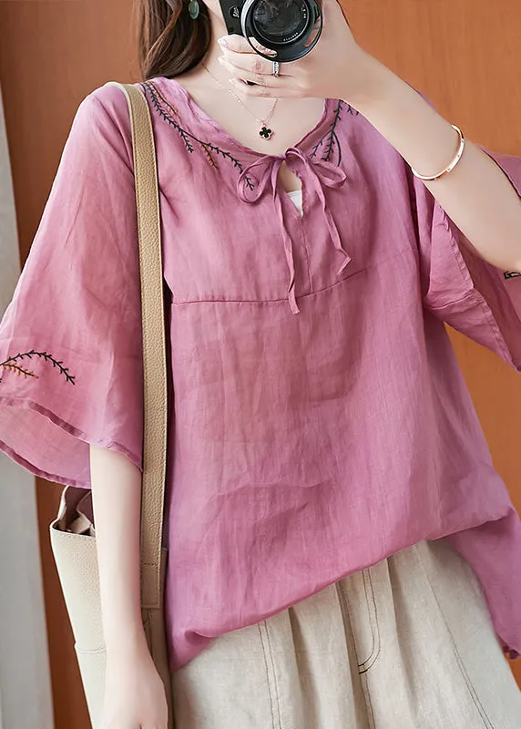 Art Pink Embroideried T Shirt Summer Half Sleeve LY6215