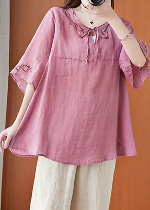 Art Pink Embroideried T Shirt Summer Half Sleeve LY6215