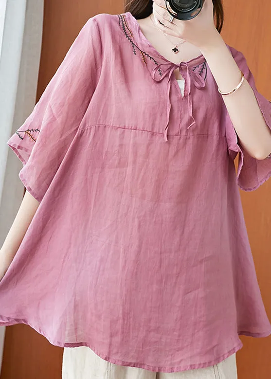 Art Pink Embroideried T Shirt Summer Half Sleeve LY6215