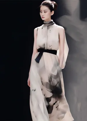 Art Turtleneck Print Tie Waist Long Dress Summer ML1580