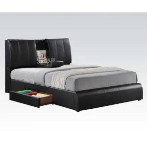 Artemis Queen Bed w/Headboard Storage and Drawer, Black Faux Leather