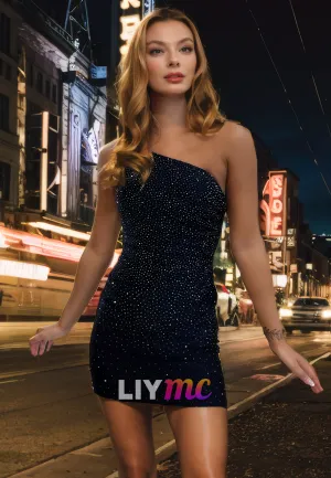 Asymmetrical Sleeveless Beaded Sheath Short Homecoming Dress
