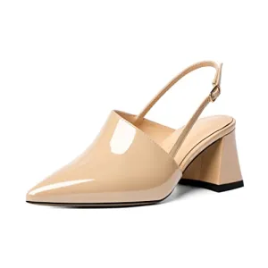 AUMOTED Women Dating Block Mid Heels Slingback Heel Pumps Pointed Toe Solid Chunky Pumps Party 2.5 Inch Dress Shoes Patent Leather Wave US Size 8.5