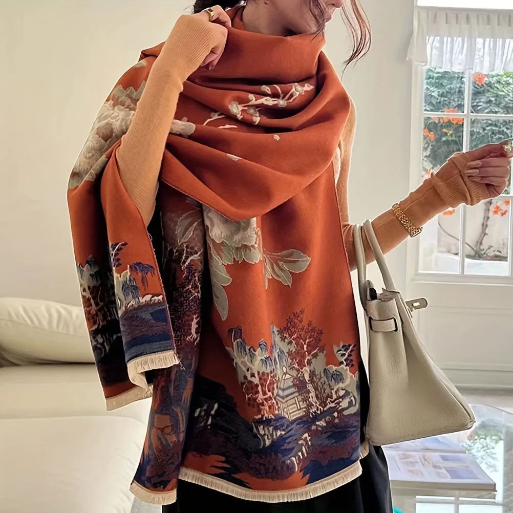 Autumn And Winter Retro Fashion Print Scarf Women's Versatile Thickened Warm Shawl Neck Protector Neckwear Outside Warm Dual-use