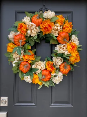 Autumn Orange Pumpkin and Peony Wreath